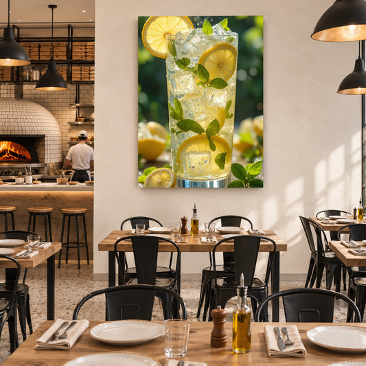 A vertical canvas wall art print depicting a tall glass of lemonade with lemon slices and mint leaves, displayed on a white wall in a modern restaurant setting.