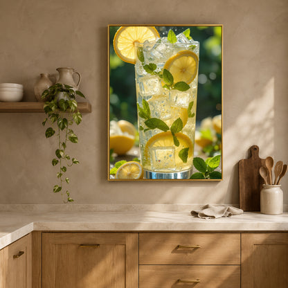 A framed wall art print depicting a tall glass of lemonade with lemon slices, mint leaves, and ice, displayed on a beige wall above a kitchen counter with wooden cabinets and a hanging plant.