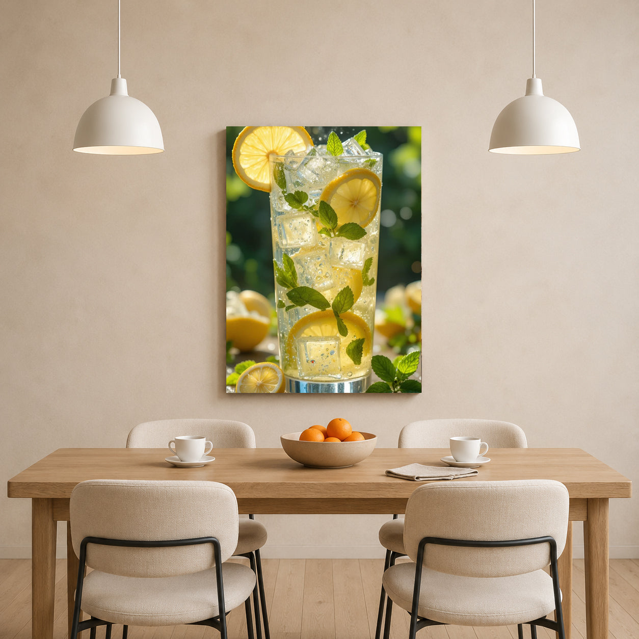 A vertical canvas wall art print depicting a glass of lemonade with lemon slices and mint leaves, displayed on a beige wall above a wooden dining table with chairs and pendant lights.