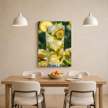 A vertical canvas wall art print depicting a glass of lemonade with lemon slices and mint leaves, displayed on a beige wall above a wooden dining table with chairs and pendant lights.