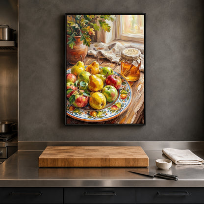 Rustic Fruit Still Life Wall Art with Pears, Apples & Honey