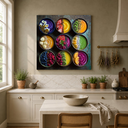A colorful wall art canvas print depicting nine bowls of vibrant smoothies, displayed in a bright, modern kitchen setting above a marble countertop.