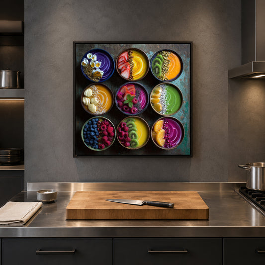 A framed wall art piece featuring a 3x3 grid of colorful smoothie bowls, displayed on a dark gray kitchen wall above a stainless steel counter with a wooden cutting board and knife.