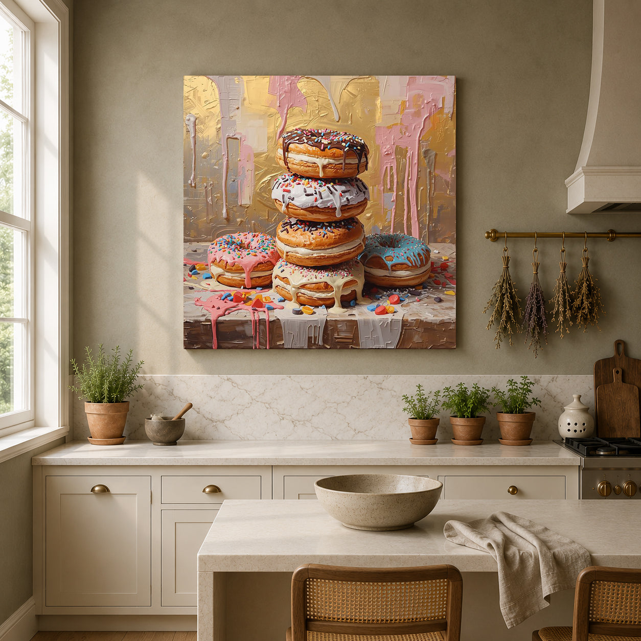A large square canvas wall art print depicting a colorful stack of donuts, displayed in a modern kitchen setting above a marble countertop.