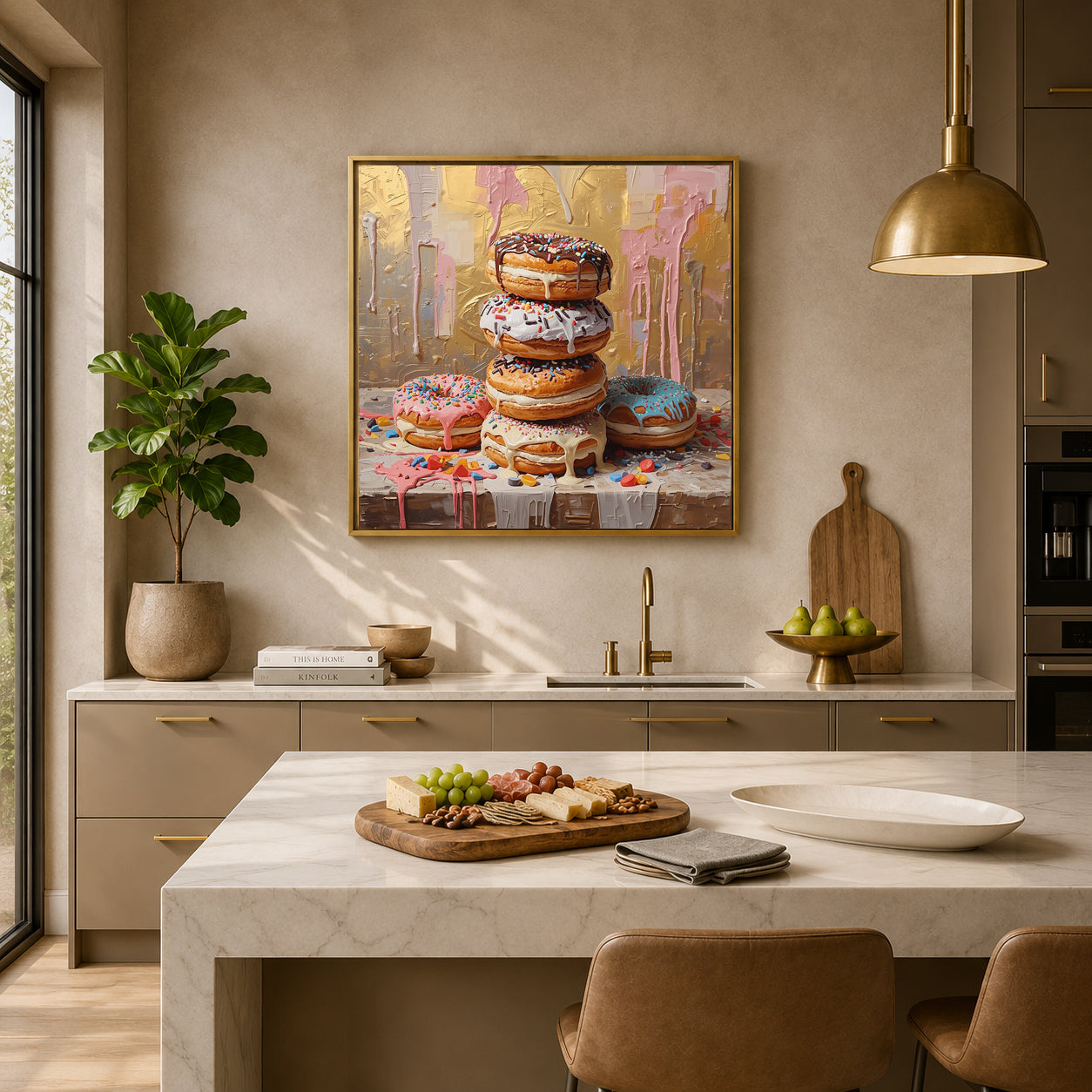 A framed colorful painting of a stacked donut tower hangs on a beige kitchen wall above a marble island with food props and modern cabinetry.
