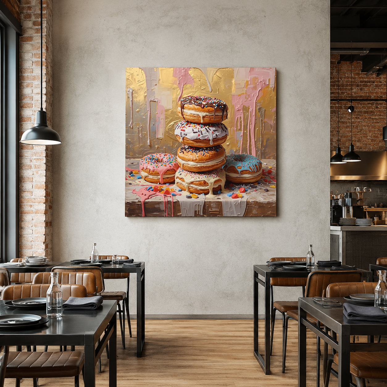 A square canvas wall art print depicting a stack of colorful frosted donuts, displayed on a textured beige wall in a modern restaurant setting with wooden floors and tables.