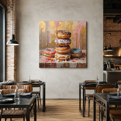 A square canvas wall art print depicting a stack of colorful frosted donuts, displayed on a textured beige wall in a modern restaurant setting with wooden floors and tables.