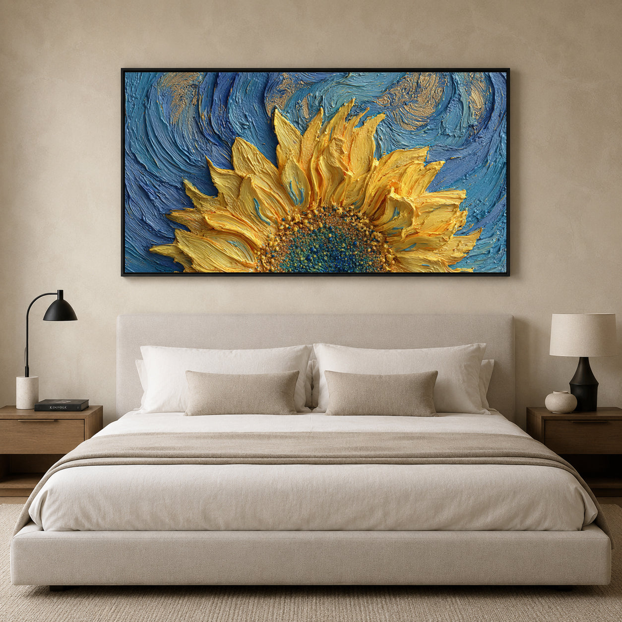 Golden Sunflower Blue Textured Canvas Wall Art Painting for Living Room