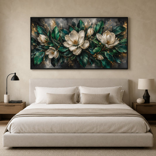 White Magnolia Floral Canvas Wall Art Painting with Green and Gold Accents