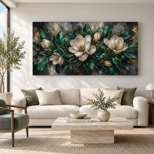 White Magnolia Floral Canvas Wall Art Painting with Green and Gold Accents