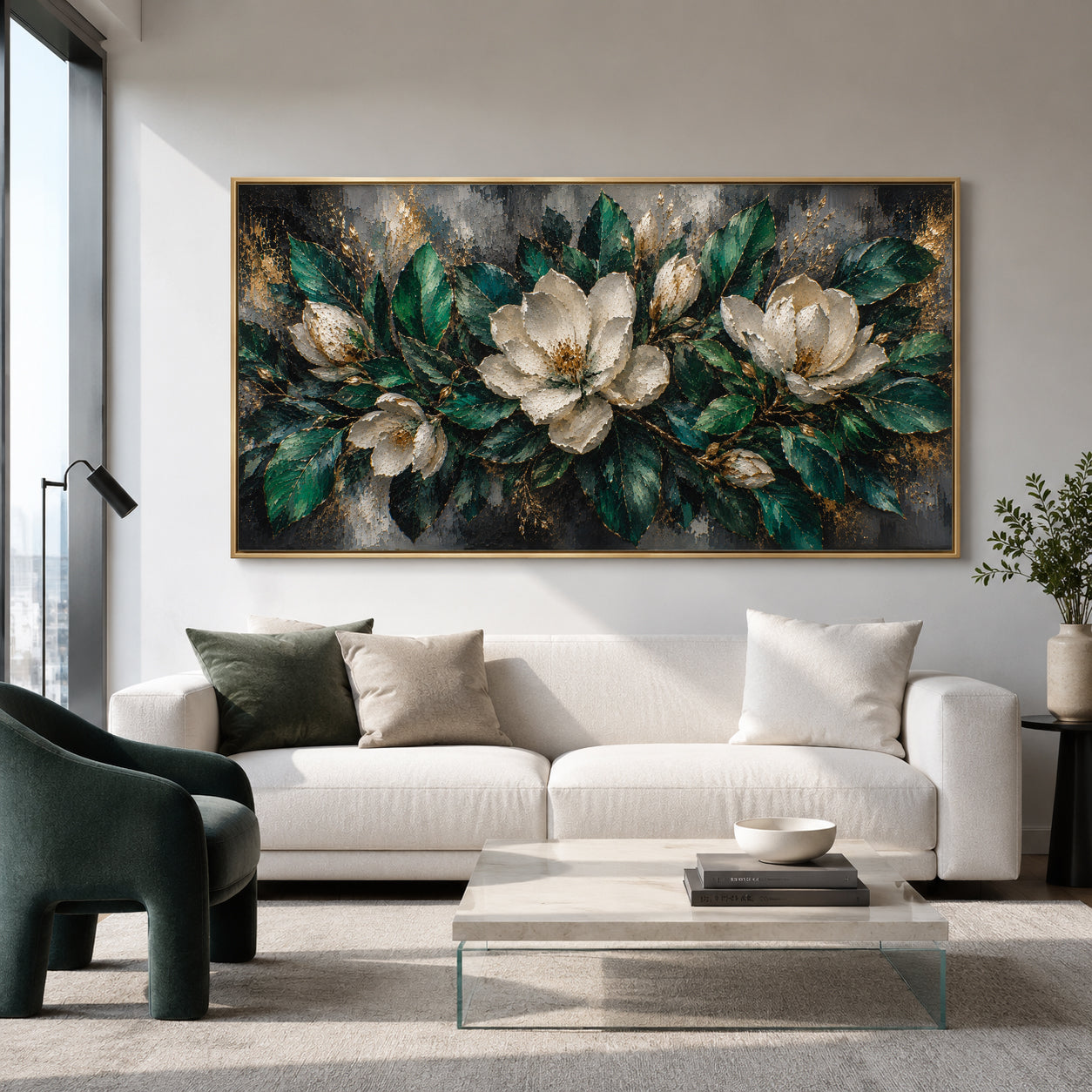 White Magnolia Floral Canvas Wall Art Painting with Green and Gold Accents