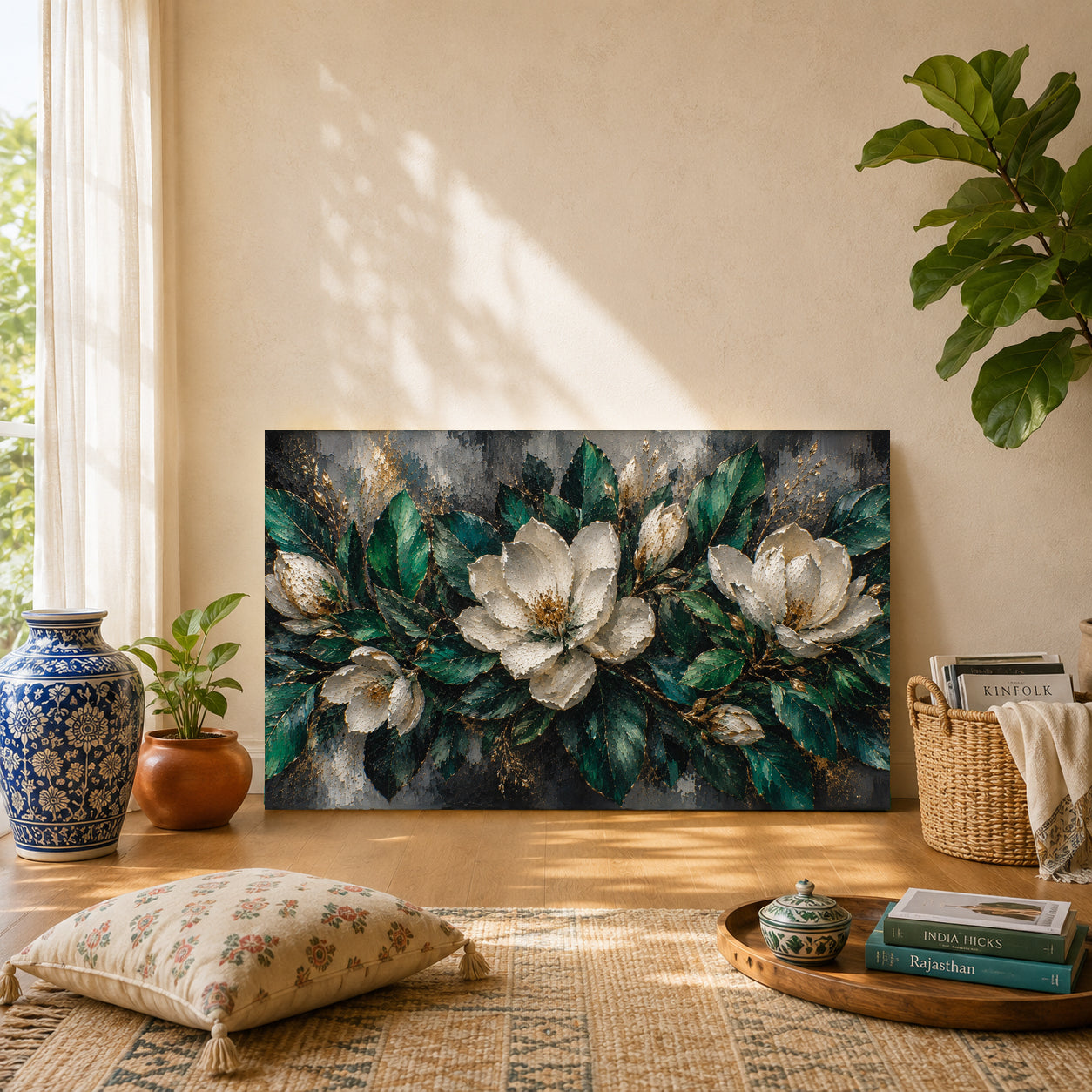White Magnolia Floral Canvas Wall Art Painting with Green and Gold Accents