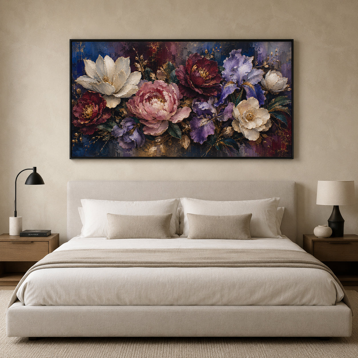 A large rectangular floral wall art piece hangs above a neatly made bed in a modern bedroom. The artwork shows a dense bouquet of flowers in white, pink, purple, burgundy, and blue tones against a dark painterly background.