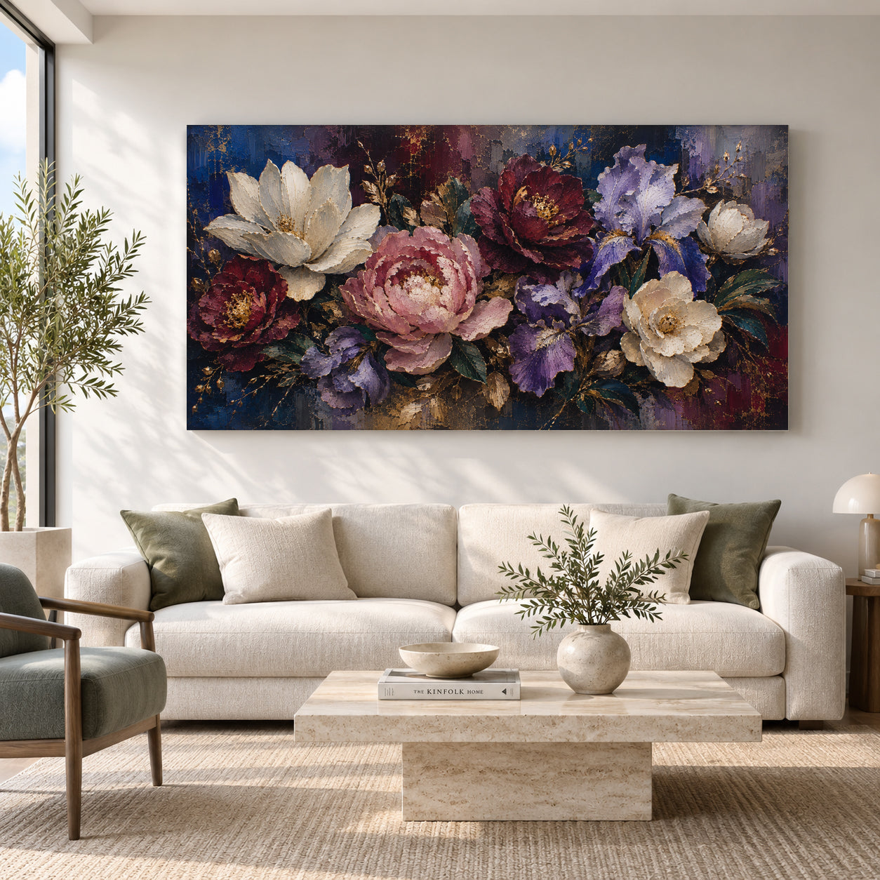 Luxury Floral Canvas Art with Peonies Irises and Gold Accents