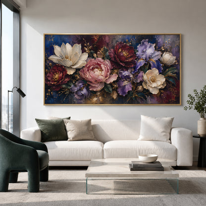 Luxury Floral Canvas Art with Peonies Irises and Gold Accents