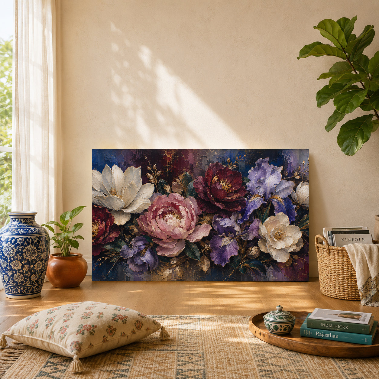 Luxury Floral Canvas Art with Peonies Irises and Gold Accents