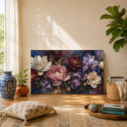 Luxury Floral Canvas Art with Peonies Irises and Gold Accents
