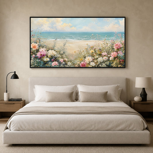 Coastal Beach Floral Canvas Wall Art Painting for Living Room