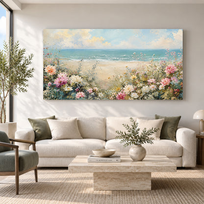 Coastal Beach Floral Canvas Wall Art Painting for Living Room