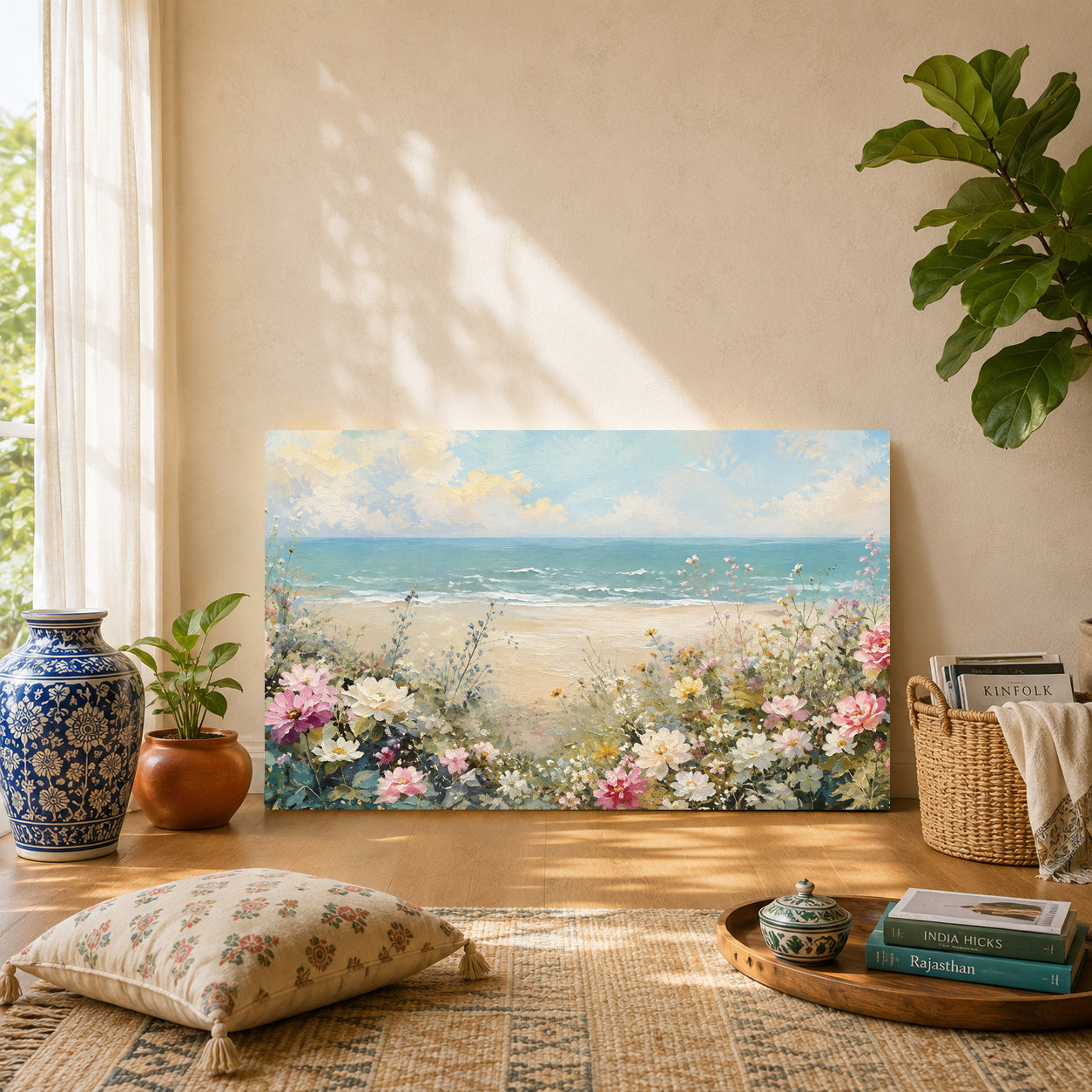 Coastal Beach Floral Canvas Wall Art Painting for Living Room