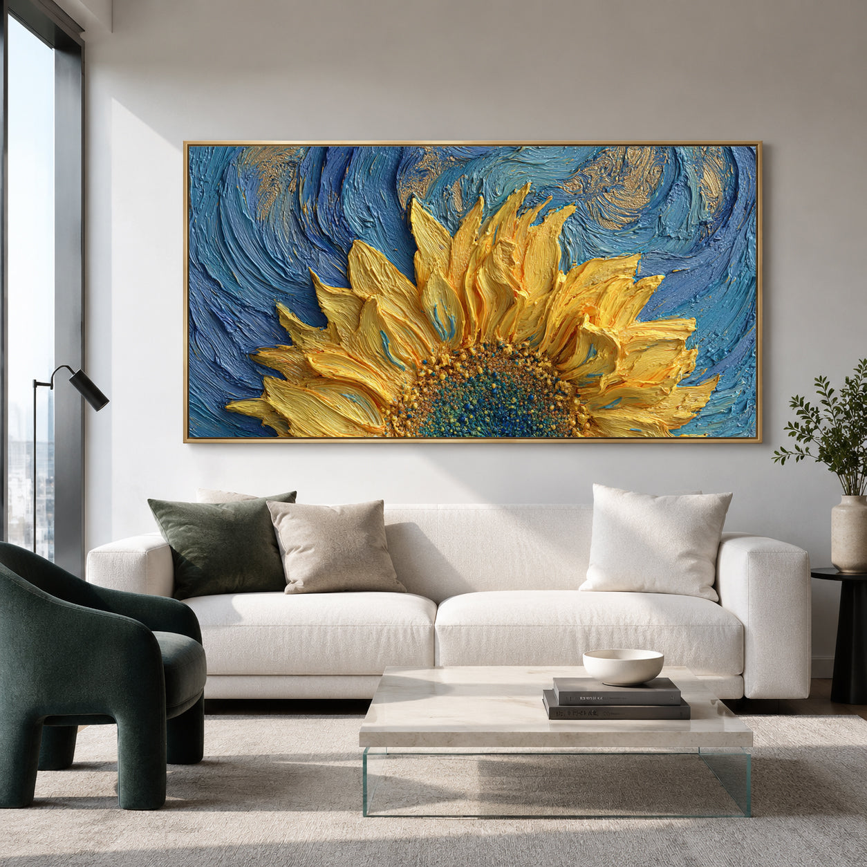 Golden Sunflower Blue Textured Canvas Wall Art Painting for Living Room