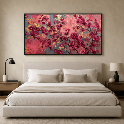 A large framed wall art piece featuring a pink and red floral tree design hangs above a neatly made bed in a modern, neutral-toned bedroom.