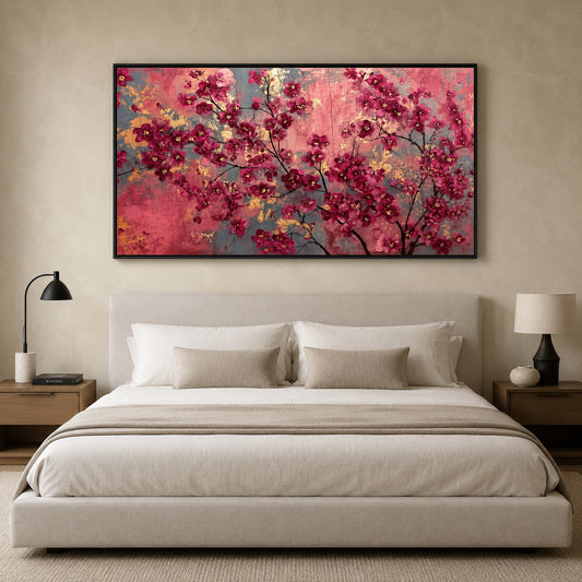A large framed wall art piece featuring a pink and red floral tree design hangs above a neatly made bed in a modern, neutral-toned bedroom.