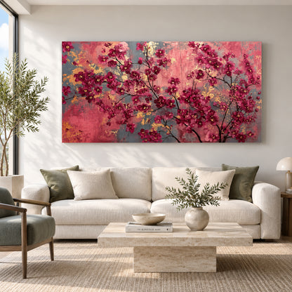A large rectangular wall art piece featuring a pink and red floral tree design with gold and gray background tones, displayed above a white sofa in a modern living room setting.