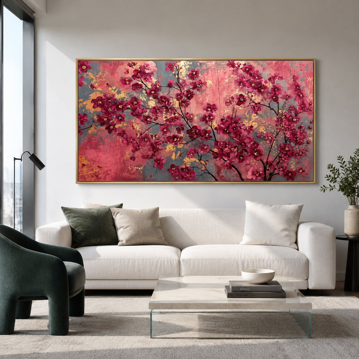 A large framed wall art piece featuring a pink and red flowering tree with gold brushstrokes, displayed above a white sofa in a modern living room setting.