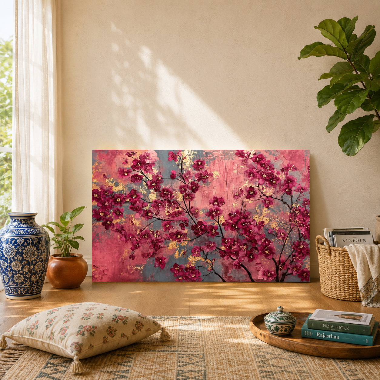 A rectangular canvas print leaning against a beige wall in a styled room. The artwork depicts pink and magenta flowering branches with dark branches over a soft blue-gray and pink background.