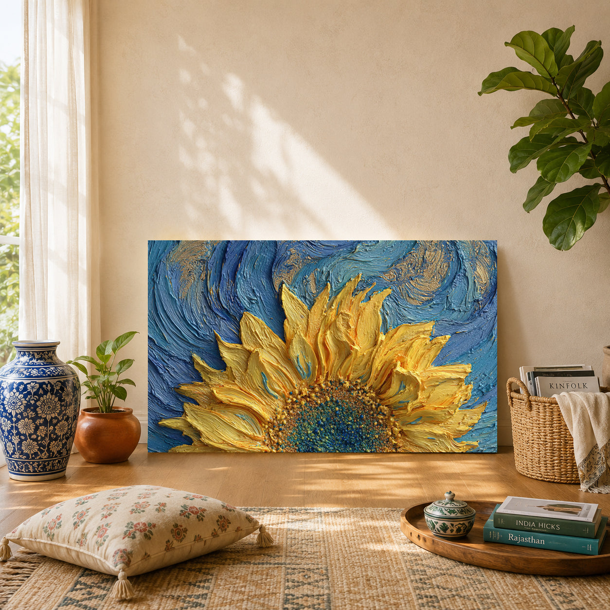 Golden Sunflower Blue Textured Canvas Wall Art Painting for Living Room