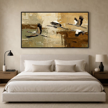 Flying Cranes Canvas Wall Art Painting | Japanese Bird Art for Living Room