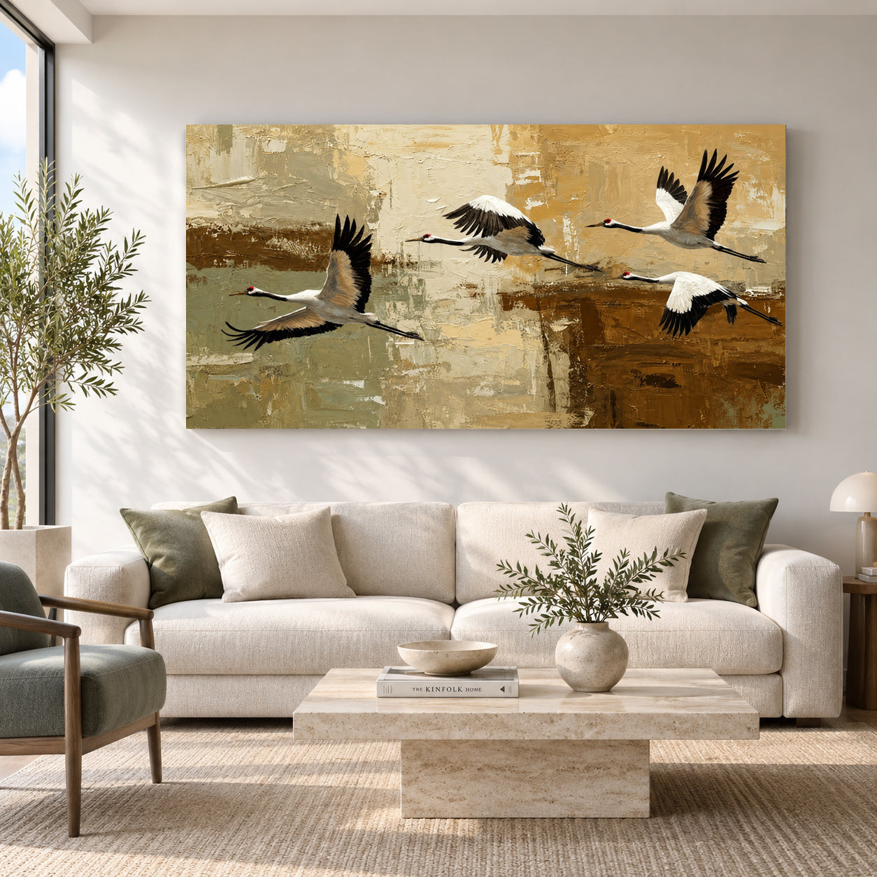 Flying Cranes Canvas Wall Art Painting | Japanese Bird Art for Living Room