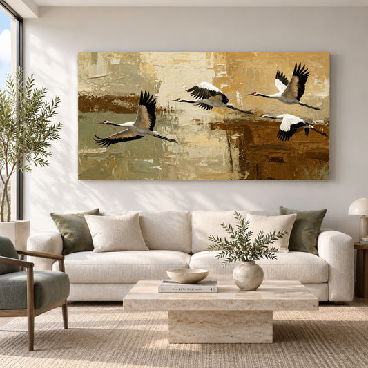 Flying Cranes Canvas Wall Art Painting | Japanese Bird Art for Living Room