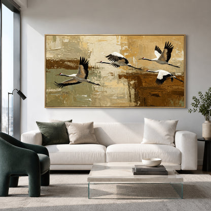 Flying Cranes Canvas Wall Art Painting | Japanese Bird Art for Living Room