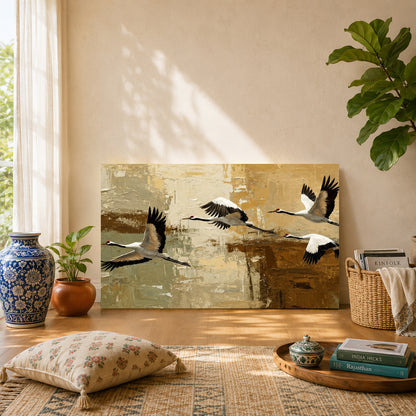Flying Cranes Canvas Wall Art Painting | Japanese Bird Art for Living Room