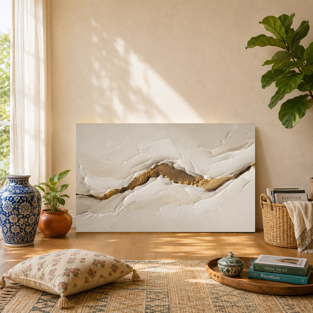 White and Gold Abstract Canvas Wall Art Painting for Living Room