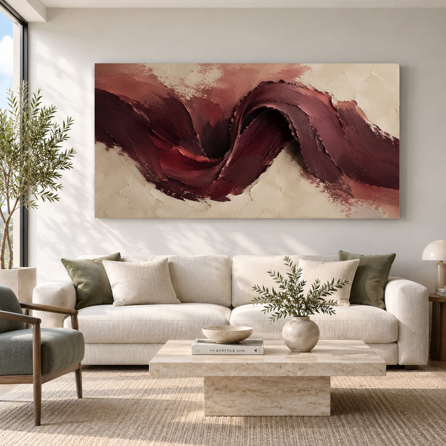 Burgundy and Beige Abstract Canvas Wall Art Painting for Living Room