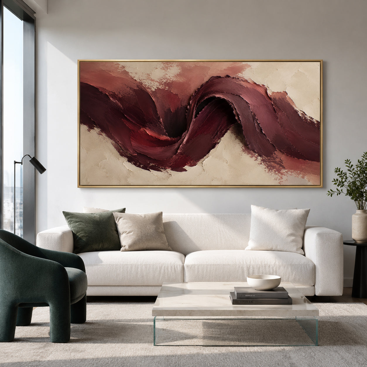 Burgundy and Beige Abstract Canvas Wall Art Painting for Living Room