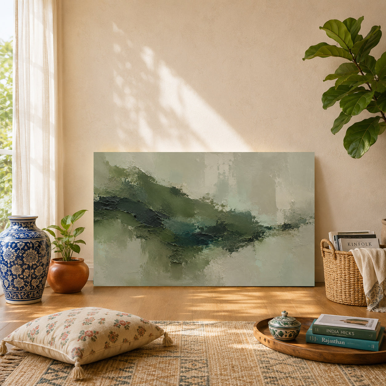 Earthy Green Textured Abstract Painting in Sage and Olive Tones