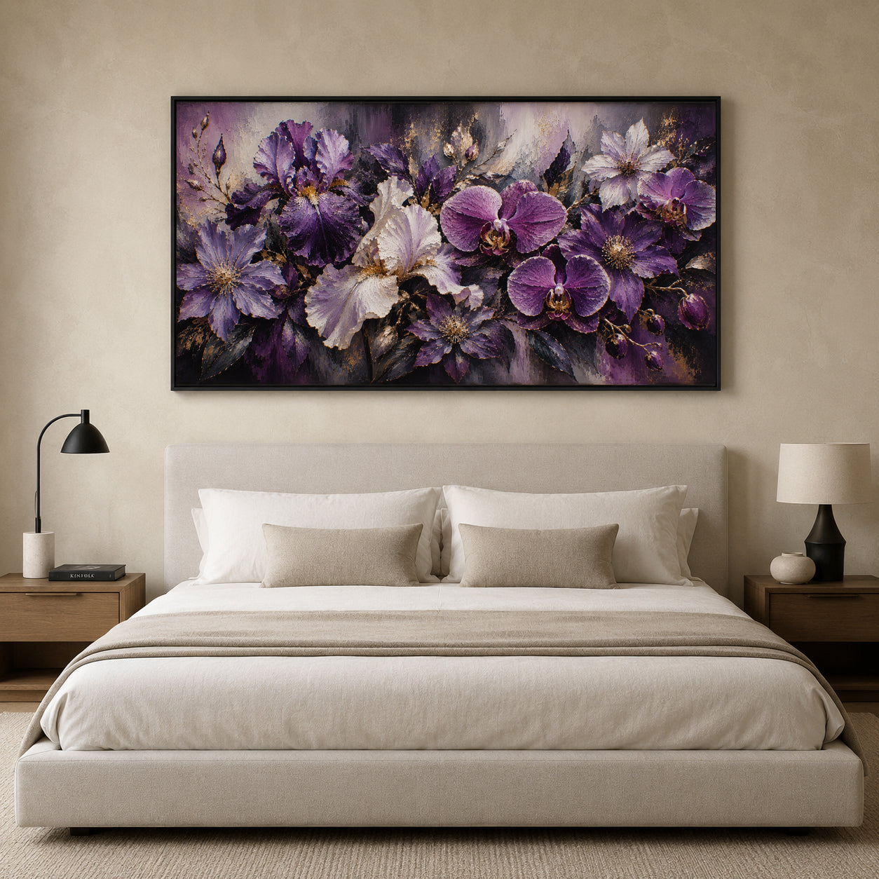 Purple Orchid and Iris Floral Canvas Art with Gold Accents