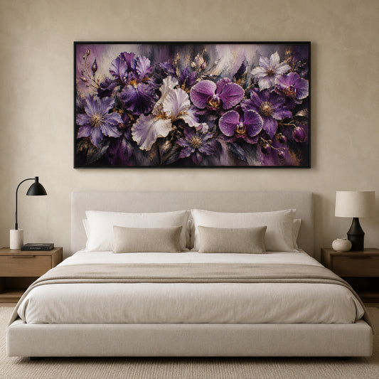 Purple Orchid and Iris Floral Canvas Art with Gold Accents