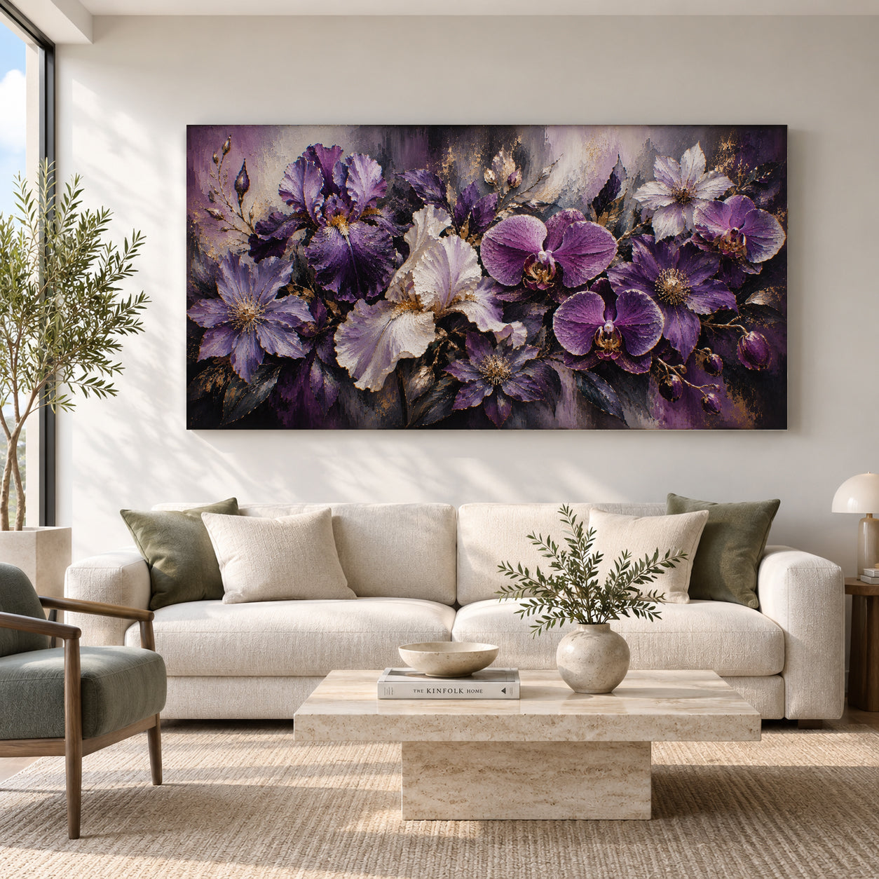Purple Orchid and Iris Floral Canvas Art with Gold Accents