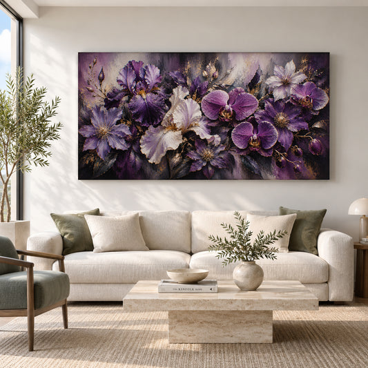 Purple Orchid and Iris Floral Canvas Art with Gold Accents