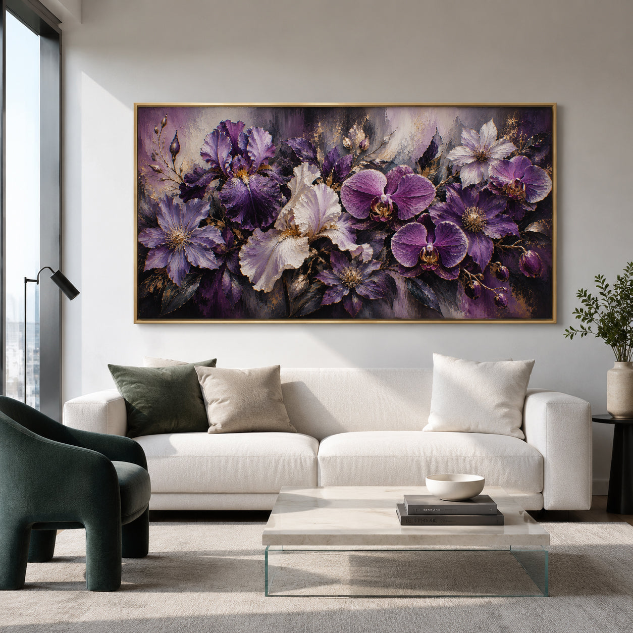 Purple Orchid and Iris Floral Canvas Art with Gold Accents