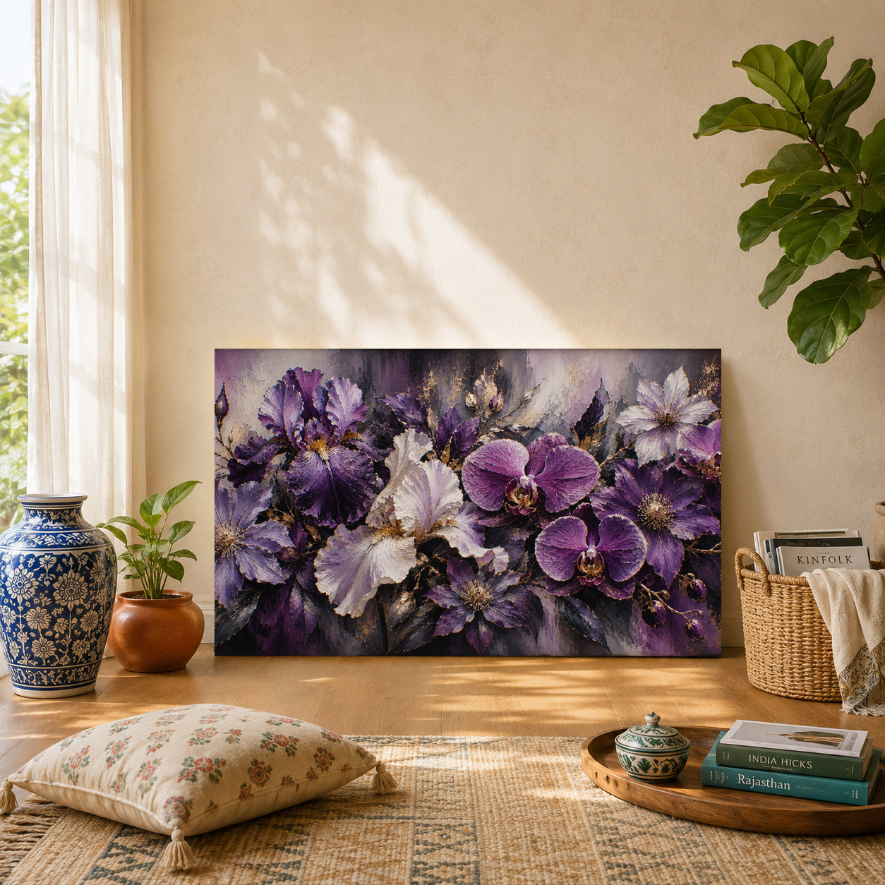 Purple Orchid and Iris Floral Canvas Art with Gold Accents