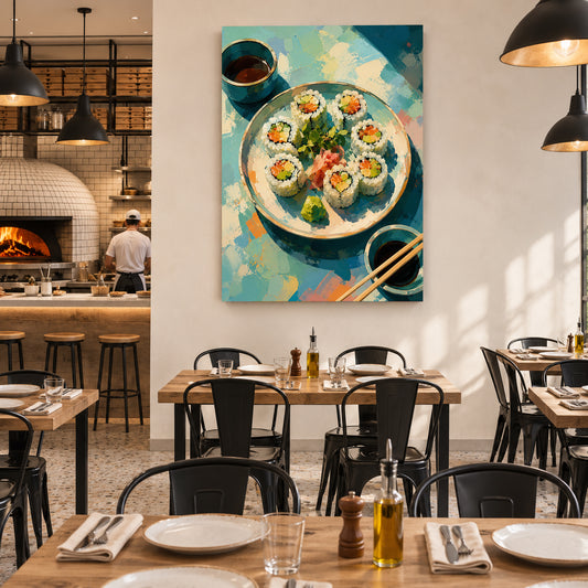 A vertical canvas wall art print depicting a colorful sushi plate with chopsticks, displayed on a white wall in a modern restaurant setting with wooden tables and black chairs.