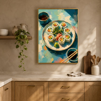 A framed art print depicting colorful sushi on a plate, styled on a beige wall above a kitchen counter with wooden cabinets, a shelf with a plant, and kitchen utensils.