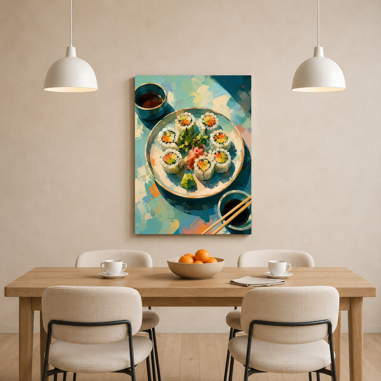 A vertical canvas wall art print depicting colorful sushi on a plate, styled in a dining room setting above a wooden table with four chairs and two hanging pendant lights.
