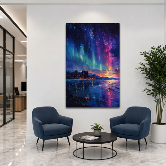Aurora Night Sky Canvas Wall Art Vertical Coastal Landscape Art